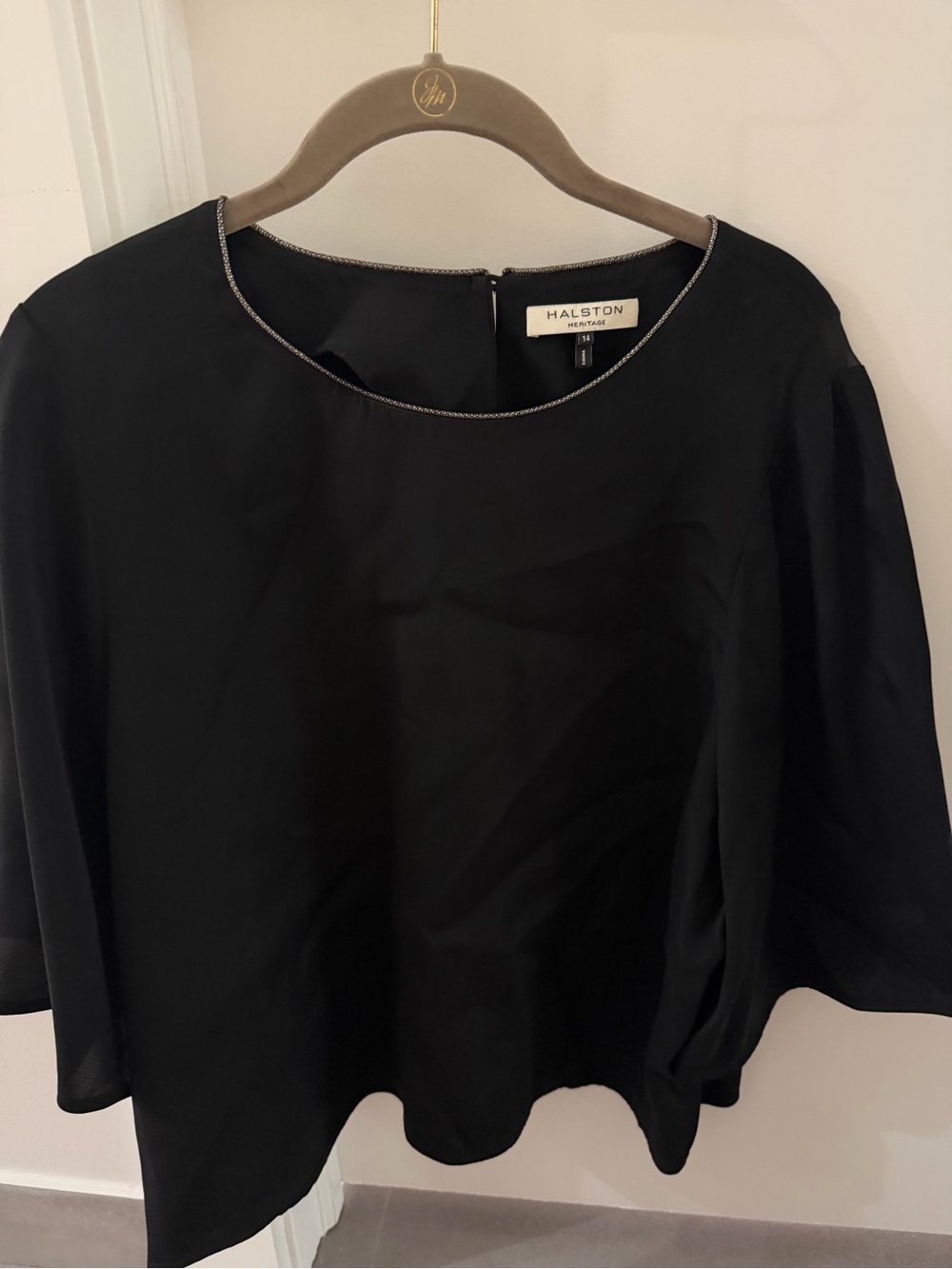 Halston Heritage Black Short Sleeve Blouse with Metallic Trim